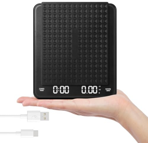 Balance Café avec Minuteur, Balance de Cuisine de Précision 0,1 g jusqu'à 3 kg, Rechargeable USB-C, Mini Balance pour Espresso et Cuisine avec Tapis en Silicone
