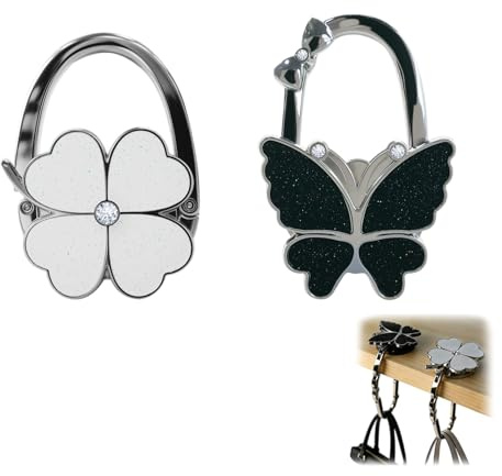 Ceriselle Taschenhalter für Tisch, 2 Stück Handtaschenhalter & Taschenhaken, Klappbarer Taschenaufhänger mit Schmetterlings- und Blumen-Design, Für Fast Jede Tischoberfläche