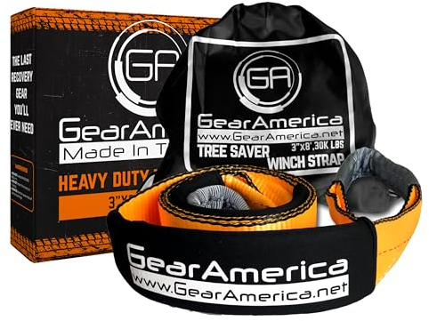 GearAmerica Tree Saver Winch Strap 3 X8' Heavy Duty 35,000 Lbs (17.5 Tons) Strength Off-Road Towing Rope for Jeep Or Truck Reinforced Loops with Orange Storage Bag