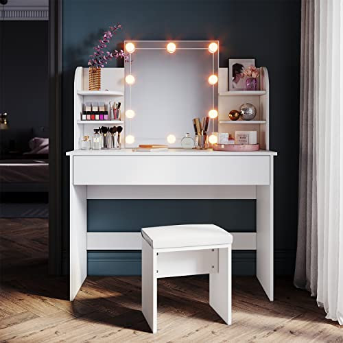 SONNI Große Schminktisch 108cm mit Hocker, 10 LED-Beleuchtung, Frisiertisch mit Spiegel, Kosmetiktisch mit Schubladen und 6 Offenen Fächern, 3 Farben mit Einstellbarer Helligkeit, Weiß, 108x40x140cm.