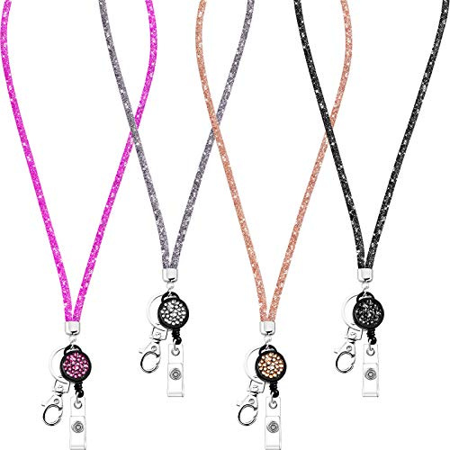 4 Stücke Kristall Lanyard Halskette mit Einziehbarem Abzeichenhalter und Schlüsselring, Bling Strass Kristall Lanyard Riemen