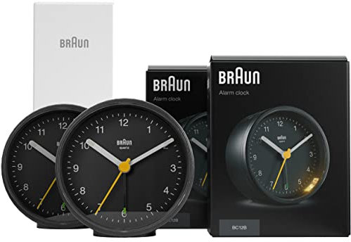 Braun klassisk analog väckarklocka med snooze och ljus, tyst kvartsrörelse, Crescendo piplarm i svart, modell BC12B (2 Pack).