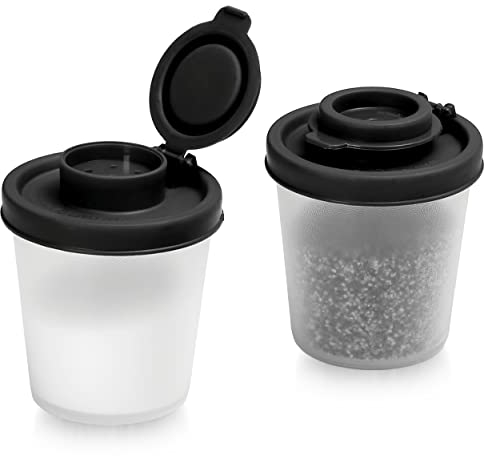 Salt and Pepper Pots – Salt and Pepper Shakers in a Range of Sizes – Non-Toxic Salt and Pepper Set for Home, Camping, Picnics, Lunch Boxes – Transparent Salt Pepper Set (Medium Black, 2pk)
