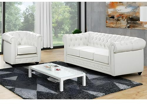 Vente-unique - Divano 3 posti + Poltrona Chesterfield - similpelle - bianco