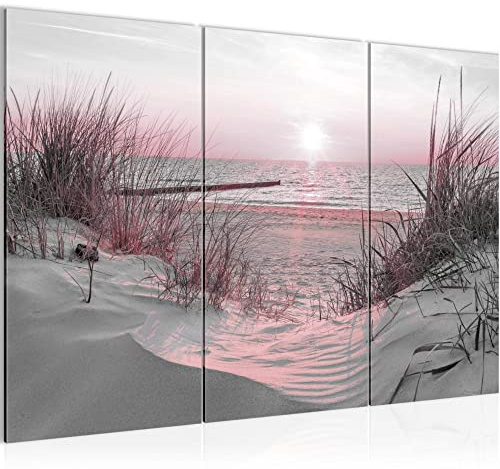 Runa Art Wandbilder Strand Sonnenuntergang Bild XXL Schlafzimmer Wohnzimmer Rosa Grau Meer Natur 120 x 80 cm 3 Teilig 041731b