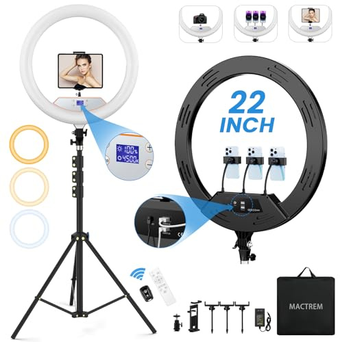Anneau Lumineux LED de 22 avec Trépied de 75, Écran LED, 3 Supports pour Téléphone, 1 Support pour Tablette, 2 Ports USB, 6500K 50W Dimmable, pour Maquillage, Tatouage, Coiffure, Enregistrement Vidé