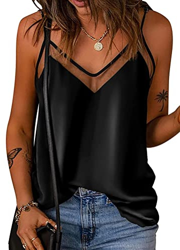Onsoyours Donna Estiva Canotta in Raso di Seta Cami Plain Strappy Vest Camicetta Tank Top Shirt V-Neck Spaghetti Strap Canottiera Senza Maniche A Nero M