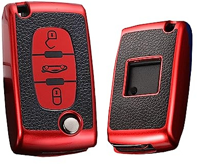 HIBEYO Klappschlüssel Autoschlüssel Hülle passt für Peugeot 207 407 308 607 Schlüsselhülle Leder Texture Schutzhülle für Citroen C1 Picasso Berlingo C-Crosser Schlüsselbox 3Tasten-Leder Rot