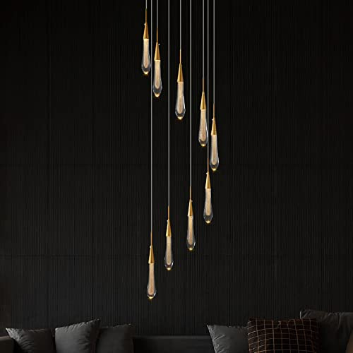 ZenithBeam Lámpara de araña de cristal moderna de 9 luces, luz de techo LED dorada regulable, luces colgantes de burbujas de cristal, sala de estar, vestíbulo, candelabros de escalera de 45W