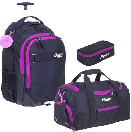 Elephant 3 Teile Set Trolley Schultrolley Rucksack 13016 Tiff Lila TSM | Schultrolley Schulranzen Trolly Jungen Mädchen Rucksacktrolley Box Schulsporttasche Rcsack mit Rollen Schultasche