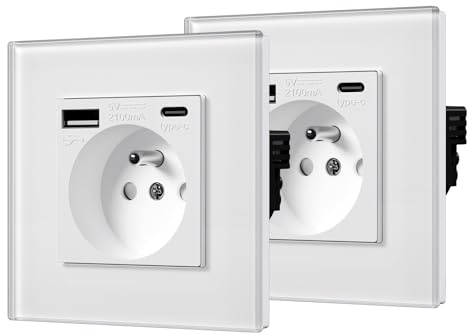 BSEED Prise USB C 2 Paquets, Prise Murale en Verre avec USB et 1 Type C alternatif Multiprise Murale avec USB 2.1A 16 Amp 240V 86mm Blanc