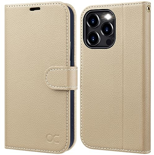 OCASE skal för iPhone 15 Pro läder mobiltelefonskal [Premium PU-läder] [stativfunktion] [kortfack] RFID skyddshölje hopfällbart skal fodral skyddsfodral kompatibelt med iPhone 15 Pro aprikos litchi
