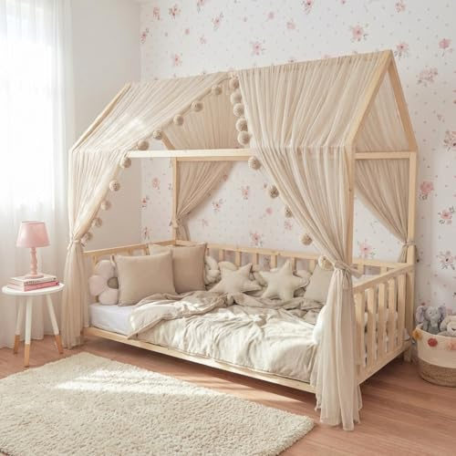 Baby Fancyroom Betthimmel für Hausbett, Bettvorhang aus Tüll, Beige, 2er Set mit Schleifen und Pompomgirlande, Baldachin für Kinderbett Mädchen (Beige, 380cm, ohne Pompomgirlande)
