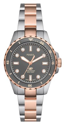 Fossil Blue Dive Watch for Women, Quartz Movement with Stainless Steel or Leather Strap, Silver Tone and Grey