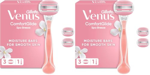 Gillette Venus ComfortGlide Spa Breeze Women's Razor +, 3 2-In-1 Razor Blade Refills, with Shaving Gel Bars (Packaging May Vary) (Pack of 2)