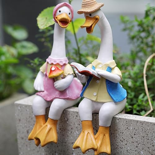 2 st ankstatyer, sittande par anka trädgårdsstatyer, 22 cm läsbok posera harts utomhus gräsmatta trädgårdsdekoration prydnader, roliga goose-älskare skulptur för hem uteplats gräsmatta gård prydnader