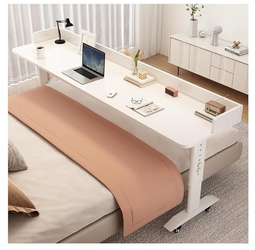 MMDXDLX Über-Betttisch auf Rollen Mit Rädern Computertisch for Bett Überbetttisch Höhenverstellbar Massivholzplatte(White-A,120x40cm(47.2x15.7in))