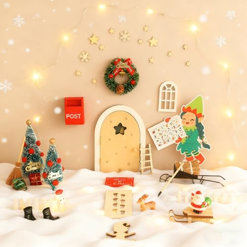 Etopgo Wichteltür Set 59 Stück Wichtel Zubehör Weihnachten, Zaubertür mit 5 Szenen, Mit Weihnachtsbaum, Schneemann, Bauernwagen, Heuhaufen, Elfenfußabdrücke, Weihnachtsmann im Schlitten, Elch