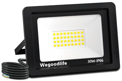 Wegoodlife 30 W LED-strålkastare utomhus, superljus 2335 LM säkerhetsljus, 6 500 K kall vit utomhusvägglampa, IP66 vattentät, justerbar 180° fäste, strålkastare för trädgård, garage, gård, ingen plugg