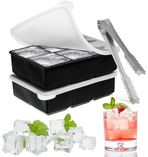 2Pcs Ice Cube Tray, Silicone Large Ice Cube Trays with Lid and 1 Tong, Easy Release Black Square Ice Cube Maker Moulds for Cocktails Whiskey Juice Coffee Party Drinks(6 Square)