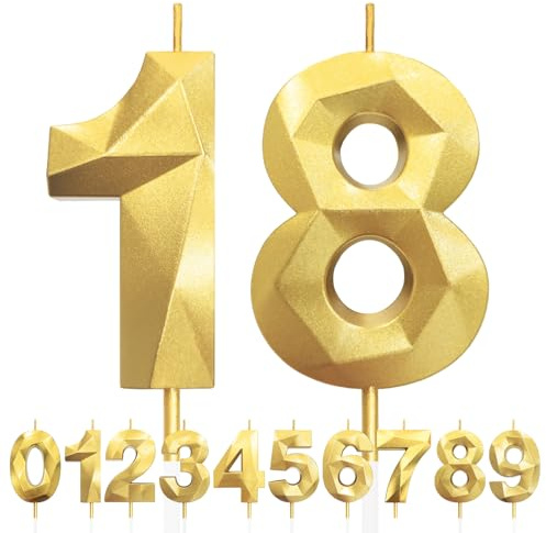Geburtstagskerzen Zahlen 18, 5cm 3D Gold Geburtstagskerzen, Kerzen Geburtstag, Zahlenförmige Kerze, Tortendeko Geburtstags für Geburtstag Party, Hochzeiten, Jubiläen, Birthday Candle Nummer 18