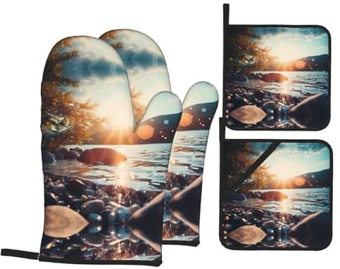 Poezjzw Sunset Stream Oven Gloves Four-Piece Set is Non-Slip and Anti-Scalding Suitable for Home Baking, Barbecue and Microwave Use