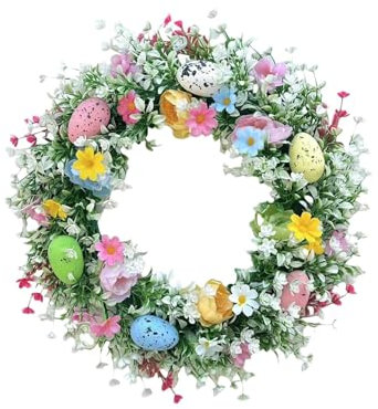 Couronne de porte de printemps avec œufs et fleurs - Couronne de table décorative artificielle - 35 cm
