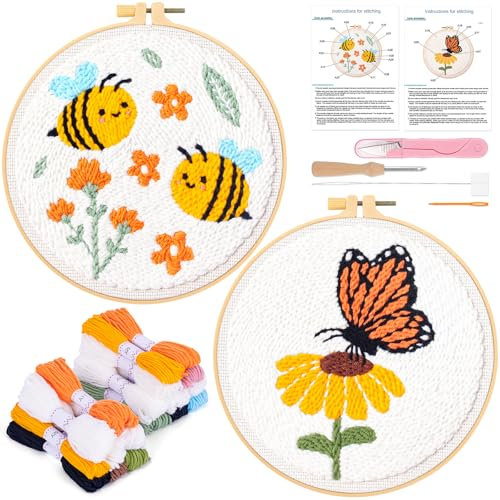 JSRQT 2 Sets Punch Needle Embroidery Starter Kit for Beginners, Easy Punch Needle Kit with Butterfly Bee Pattern for Adult Kids, Handmade Punch Needle Starter Kit DIY Craft Embroidery for Home Decor