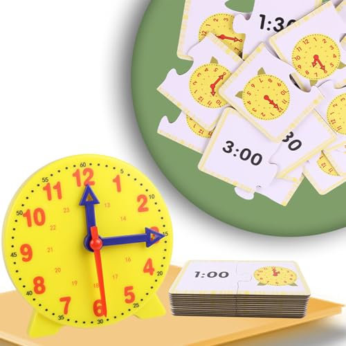 ZXJLWR Lernuhr Kinder, Lernuhr Grundschule Und 9 Karten, Uhr Lernen, Lernen Für Kinder, Eintrittsgeschenke, Lernen Lernspielzeug Geschenk Uhrzeit Lernen Kinder (Gelb)
