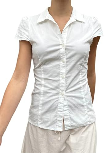YILEEGOO Basic Button Down-tröjor för kvinnor keps ärm krage tät blus knyt upp rygg smal passform toppar sommar kontor skjorta, Z2-vit, S