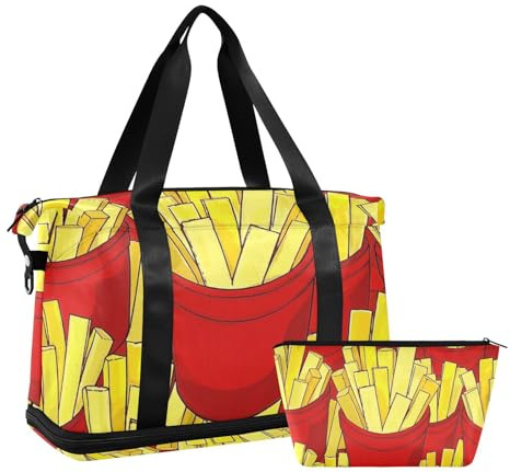 Lot de 2 sacs fourre-tout jaunes et rouges avec sangle réglable pour voyage en avion, Frites alimentaires mignonnes de dessins animés jaunes et rouges, 1 size
