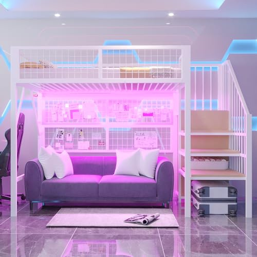Etagenbett 90x200, Kinderbett Hochbett mit Treppe & Kleiderschrank, Metallbett mit LED-Ambientelicht & Wandgitter, Funktionsbett Stockbett Spielbett Jugendhochbett mit Lattenrost, Weiß, Ohne Matratze