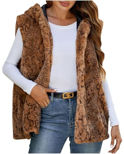 Gilet Femme Polaire Teddy Chaud Manteau Femme Sans Manches En Fausse Fourrure Épais Et Chaud À Capuche Veste Polaire Femme Gilet Fourrure Ample Et Confortable Cardigan Blouson Imprimé Léopard