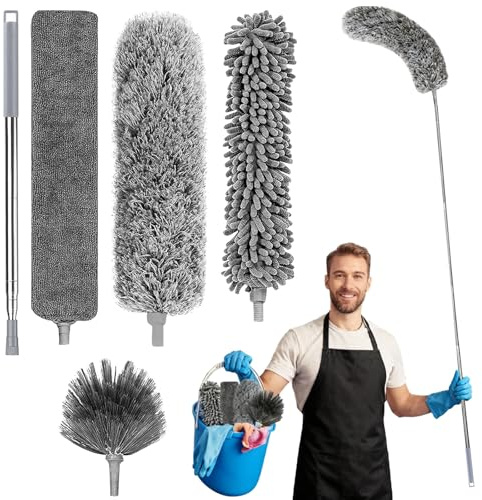 Plumeau TéLescopique Lavable, 5 PièCes, Microfibre avec Balais d'angle Flexibles, Nettoyeur De PoussièRe pour Interstices, Plumeau Anti-Toiles D'AraignéE, Extensible Jusqu'à 2,52M