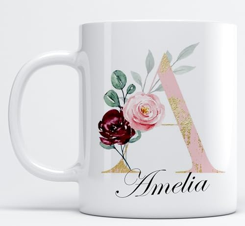 Personalised Mug Stylish Glitter Initial with Name, Customised Gift for Christmas Day, Birthdays, Valentine’s Day, Fathers Day for Mom, Dad, Friends, 11oz Ceramic Coffee/Tea Cup (Glitter Rose Gold)