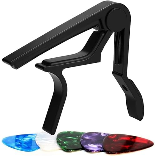 YXL Guitar Capo with 6 Guitar Picks, Quick Release Guitar Clip, Capo Clamp for Acoustic Guitar, Classical Guitar, Electric Guitar, Ukulele, Bass, Black