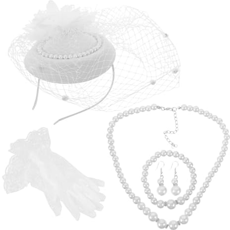 ANDRESLAD Set Fascinator Bianco da Tea Party Donna Fascia a Velo a Rete Guanti in Pizzo Vittoriani e Accessori per Costumi Vintage Copricapo Leggero per Feste e Occasioni Eleganti