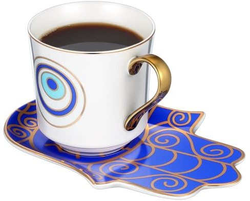 IMIKEYA Juego de Taza de Café de Cerámica Azul con Ojo Turco Capacidad 240 Ml Incluye Platillo Adecuado para Café Espresso Té y Leche Oficina y Hogar