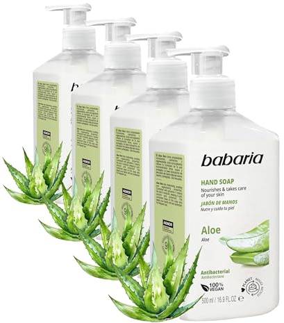 Babaria - Jabon De Manos Con Aloe Vera | Jabon Manos De 500ml | Jabón De Manos Que Hidrata Y Cuida Tu Piel | Gel De Manos De Origen Natural | Jabón Manos Con Glicerina (Paquete de 4)