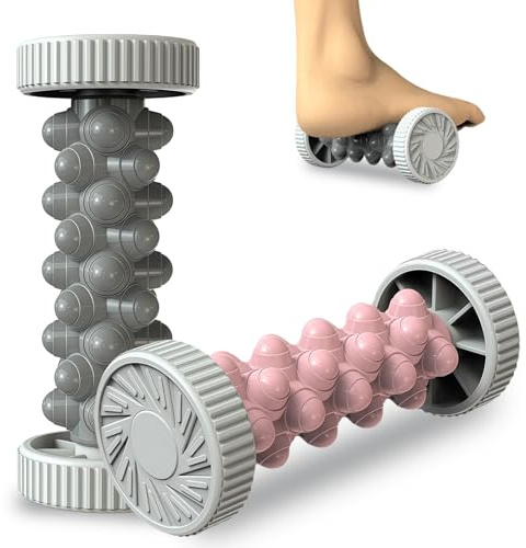 2 Stk Fußmassageroller für Plantarfasziitis, Faszienrolle Fuß, Tragbarer Fußmassageroller mit Noppen für Hand & Fuss, Fersenschmerzen, Stress Relief & Entspannung - Grau & Rosa
