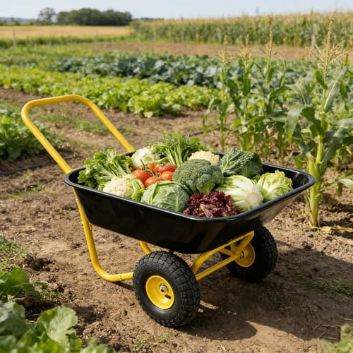Heavy Duty Two-Wheeled Garden Barrow Cart with 10″ Pneumatic Wheels, 35-Liter Large Capacity Wheelbarrow for Yard, Lawn & Outdoor Activities, Easy to Maneuver in Yellow + Black