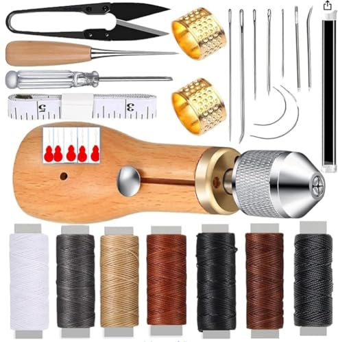 Ounfhtrttk Kit Punteruolo da Cucito, Strumento Portatile per Cucire Cuoio, Filo da Cucito, Strumento Punteruolo per Mobili, 29 Pezzi per Cucito DIY