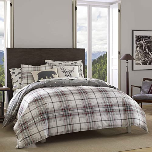 Eddie Bauer - Queen Duvet Cover Set, Reversible Cotton Bedding with Matching Shams, Plaid Bedding Set (Alder Grey/Red, Queen)