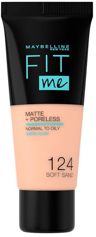 Maybelline New York Fondotinta Fit Me Matte&Poreless, Finish Opacizzante e Fissante, Tonalità: 124 Soft Sand