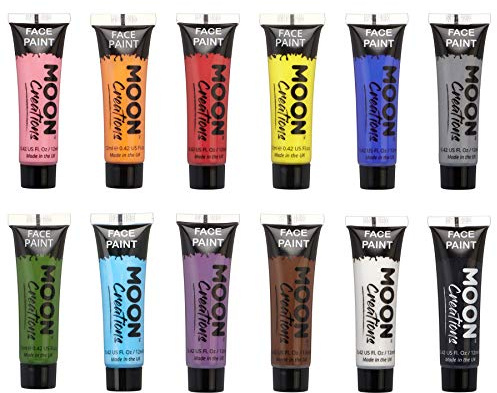 Moon Creations Tubi per pittura per viso e corpo | Pittura per il viso pronta all'uso | Cruelty Free | Pittura per il viso per bambini, adulti, festival, Halloween e altro, Set da 12, 12ml