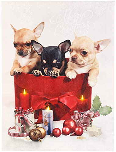 infactory Bilder Leinwand: LED-Wandbild, Weihnachts-Hundewelpen-Motiv, 3 Flacker-LEDs, 30 x 40 cm (Bilder Winter, Wandbilder Winter, Weihnachtsbeleuchtung)