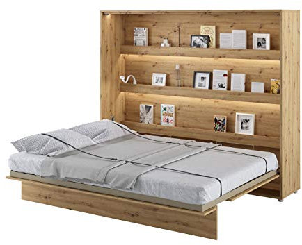 Schrankbett Bed Concept, Wandklappbett mit Lattenrost, V-Bett, Wandbett Bettschrank Schrank mit integriertem Klappbett Funktionsbett (BC-14, 160 x 200 cm, Artisan Eiche, Horizontal)