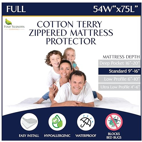 Zippered Waterproof Mattress Encasements - Hypoallergenic Mattress Protector Cover with Soft Cotton Terry Fabric Top - Full Size 54' x 75