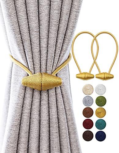 TECVINCI Magnetic Curtain Tiebacks with Upgrade Larger Magnet, 2 Pack 16 Inch Drapery Holdbacks for Indoor & Outdoor Curtain - Gold