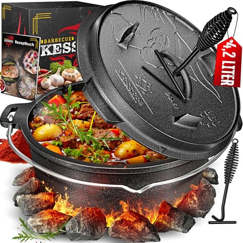 KESSER® Dutch Oven Set BBQ 4,2 Liter, Feuertopf Schmortopf mit Füßen, Gusseisen Topf mit Deckelheber Henkel und Schlitz für Themormeter, kochkessel Grilltopf Gulaschkessel für Oudoor & Indoor